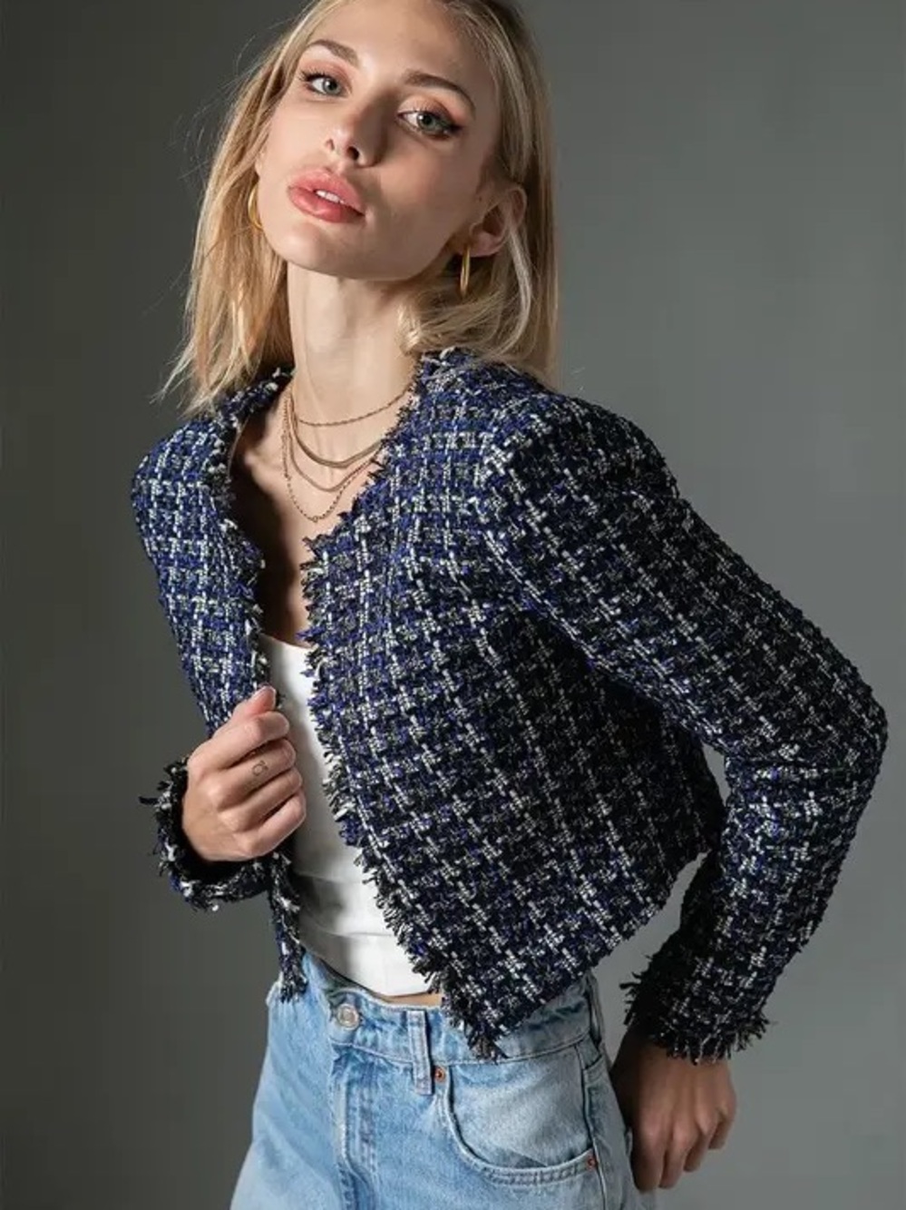 Illa illa Navy & White Tweed Cropped Blazer
